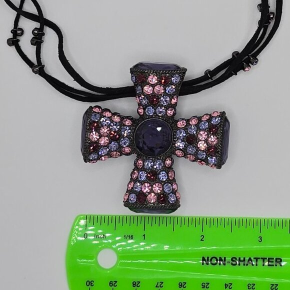Vintage Black-tone Metal Purple & Pink Crystal Maltese Cross on Triple Cord - Picture 2 of 3